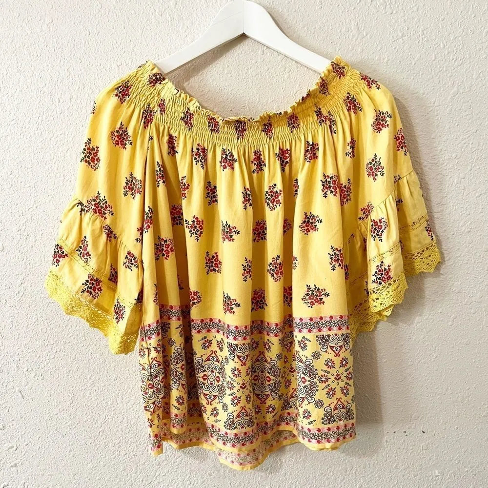 ANGIE Yellow‎ Floral Off the Shoulder Smocked Crop Top Size S Boho Western - Image 2