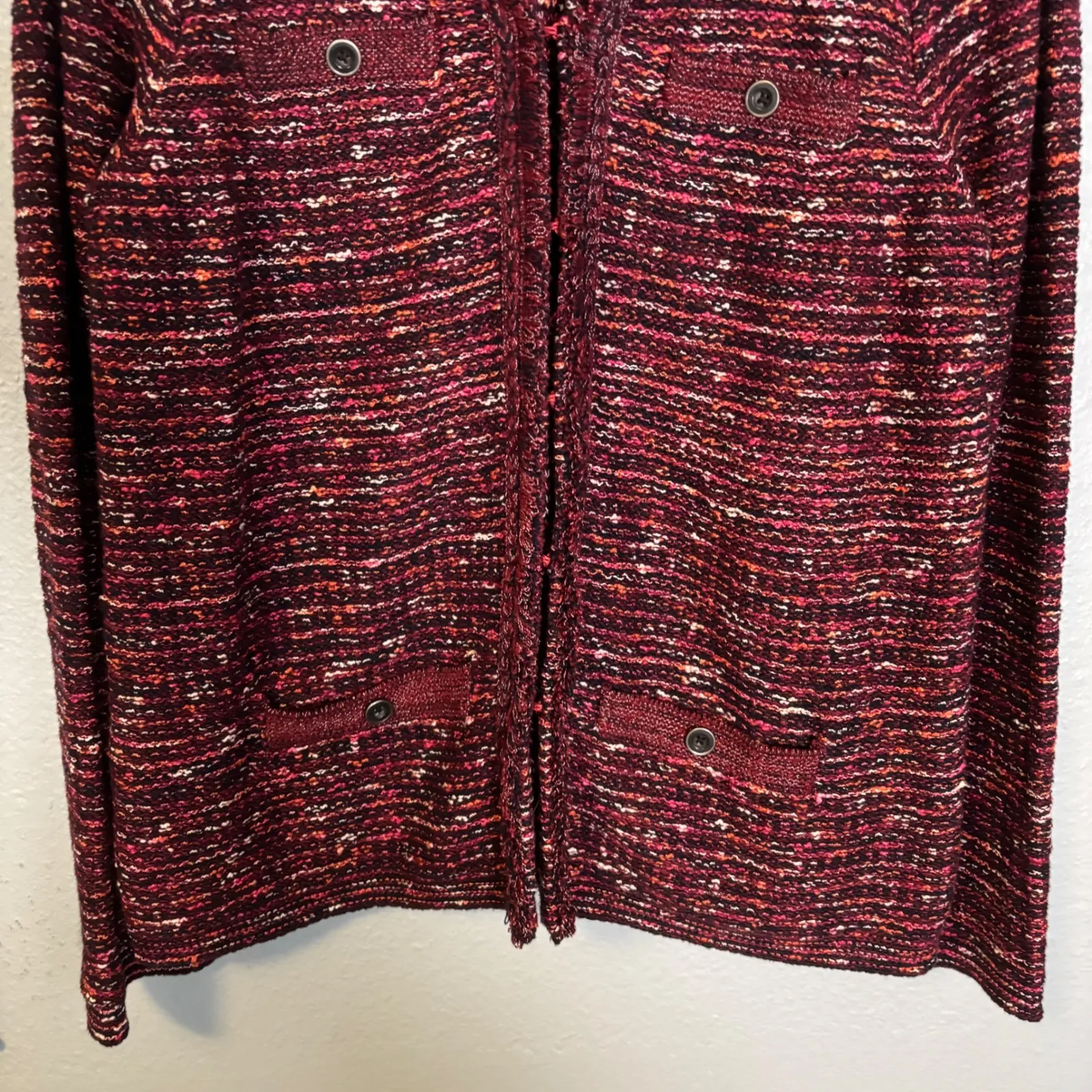 J.Jill‎ Womens Tweed Knit Cardigan Sweater Maroon Pink Fringe Trim Medium Preppy - Image 4