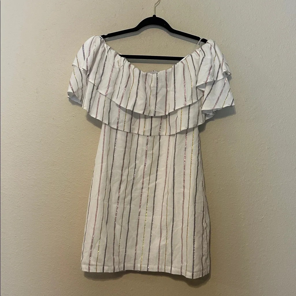 CHARLES HENRY Metallic Stripe‎ Off-the-Shoulder Popover Dress Ivory - Image 6