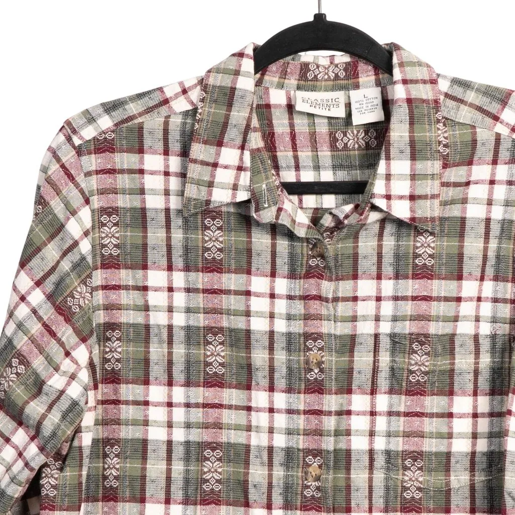 Y2K Plaid Embroidered Button Up Shirt PL Women Red Green Christmas Cotton Petite - Image 2