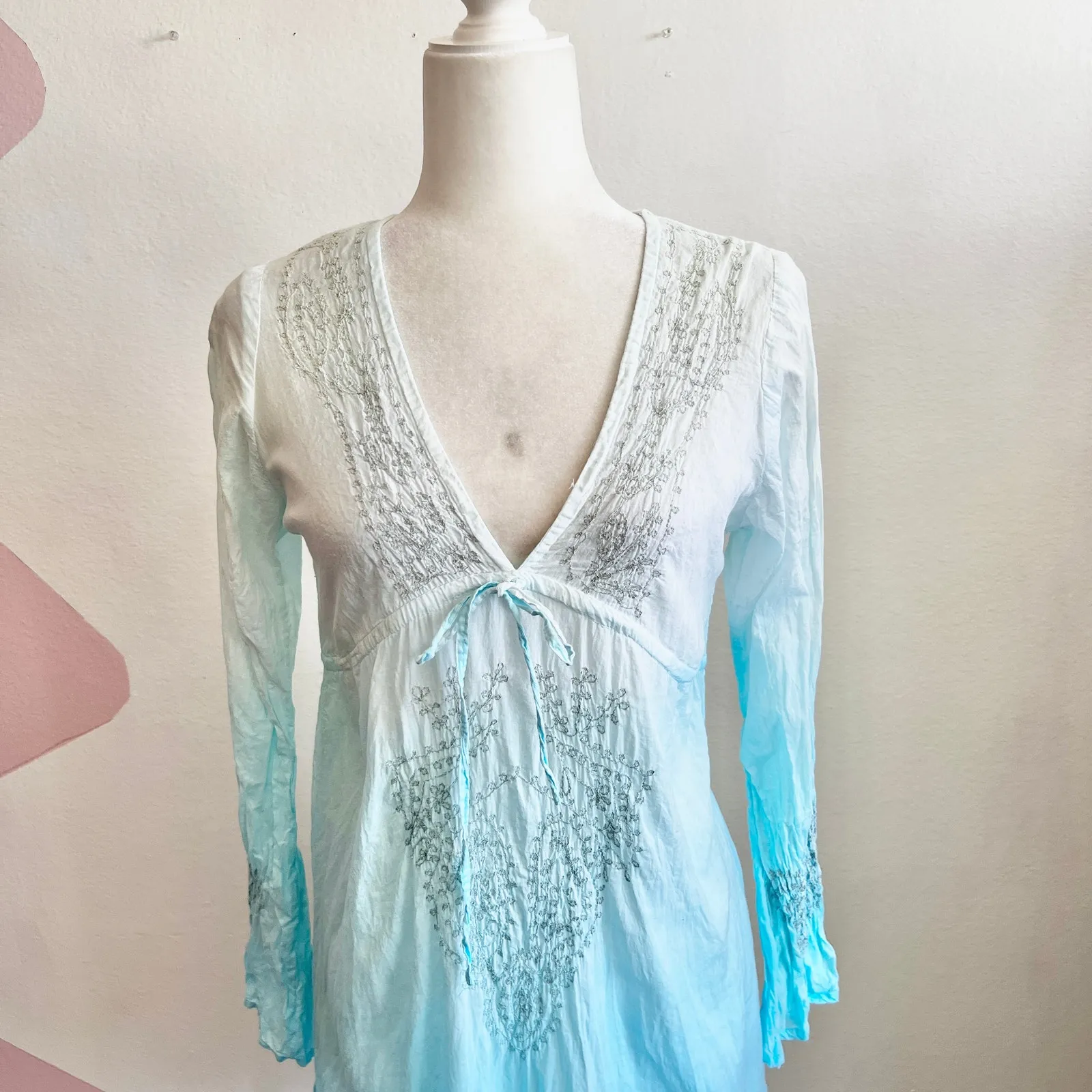 Ravinya Embroidered Babydoll‎ Tunic Cover Up Y2K Boho Festival Retro Medium White - Image 2