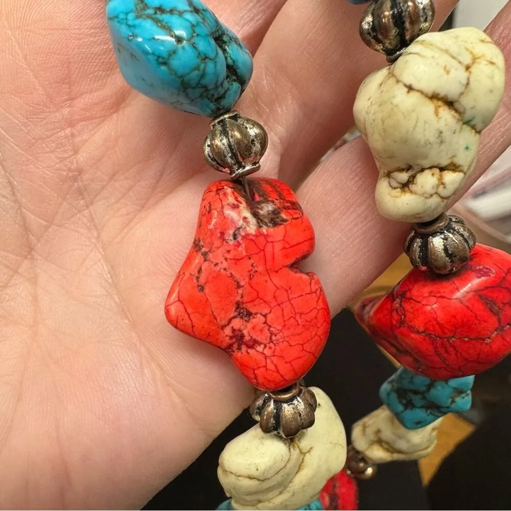 Handmade Artisan Teal Red & Natural Stone Beaded Necklace Jewelry Artsy Painted Green - Image 7