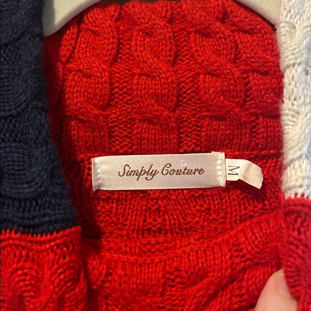 Red White & Blue Cable chunky knit long sleeve midi sweater dress - Image 3