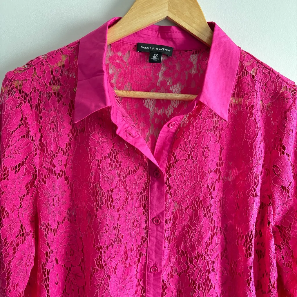 Saks Fifth Avenue Womens Pink Lace Sheer size L Long Sleeve Button Floral Mesh - Image 5
