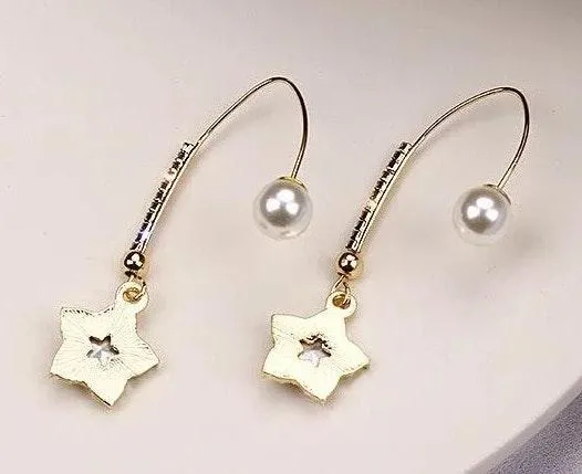 Crystal Star Pearl Drop Earrings Gold - Image 3