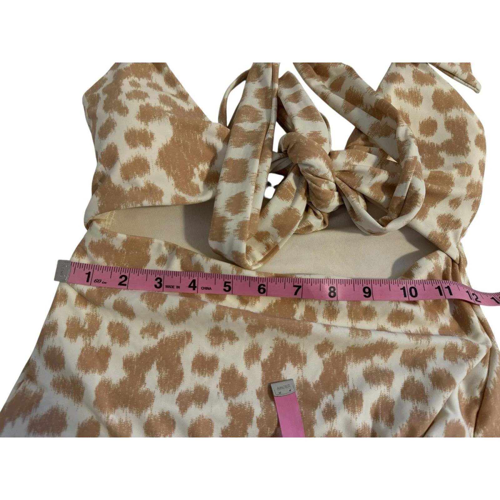Aerie Womens Cream Brown Animal Print Tie Front Cutout One Piece Swimsuit Medium - Image 7