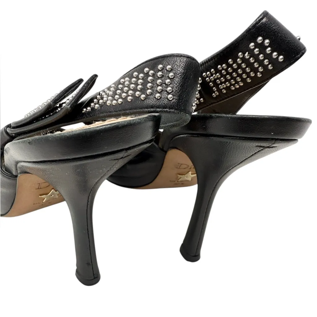 Dior J’Adior Studded Logo Ribbon Black Leather Slingback Pumps Size 37.5 - Image 8