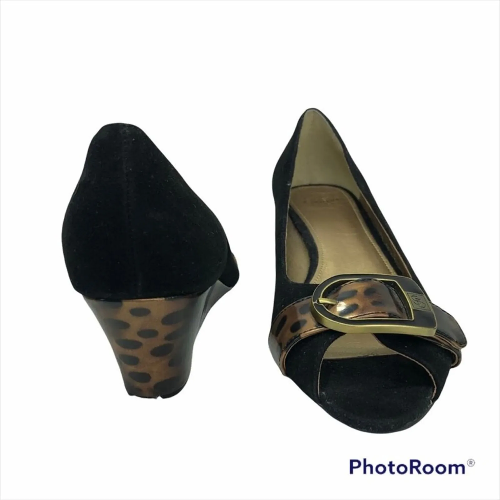 Joan & David Luxe CJ Shayna Wedge Heels Black Suede Animal - Image 6