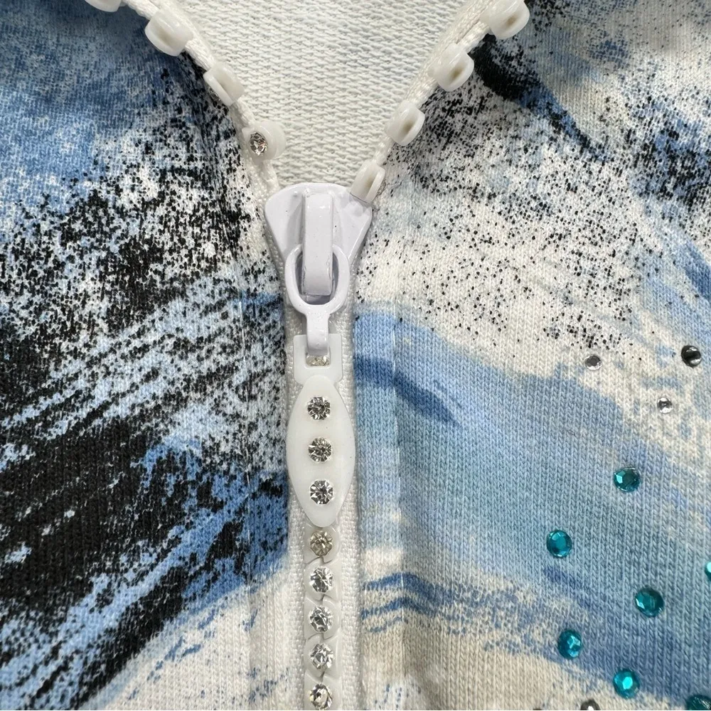 Jess & Jane Wind Poems Blue Floral Rhinestone Zipper Knit Jacket Size Medium White - Image 3