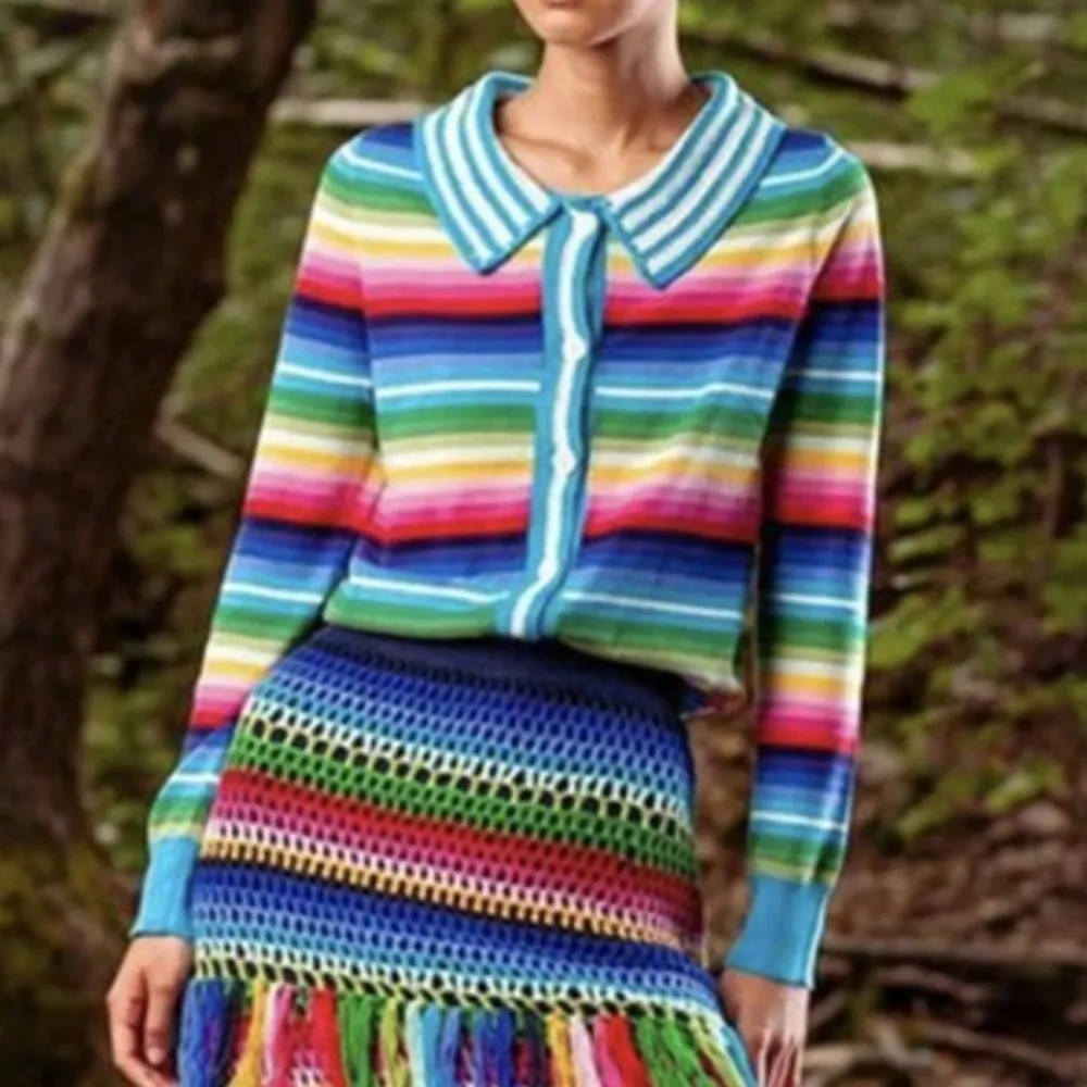 NWT Happy Sheep Rainbow Blue Striped Cardigan Crochet Detail Size Small - Image 10
