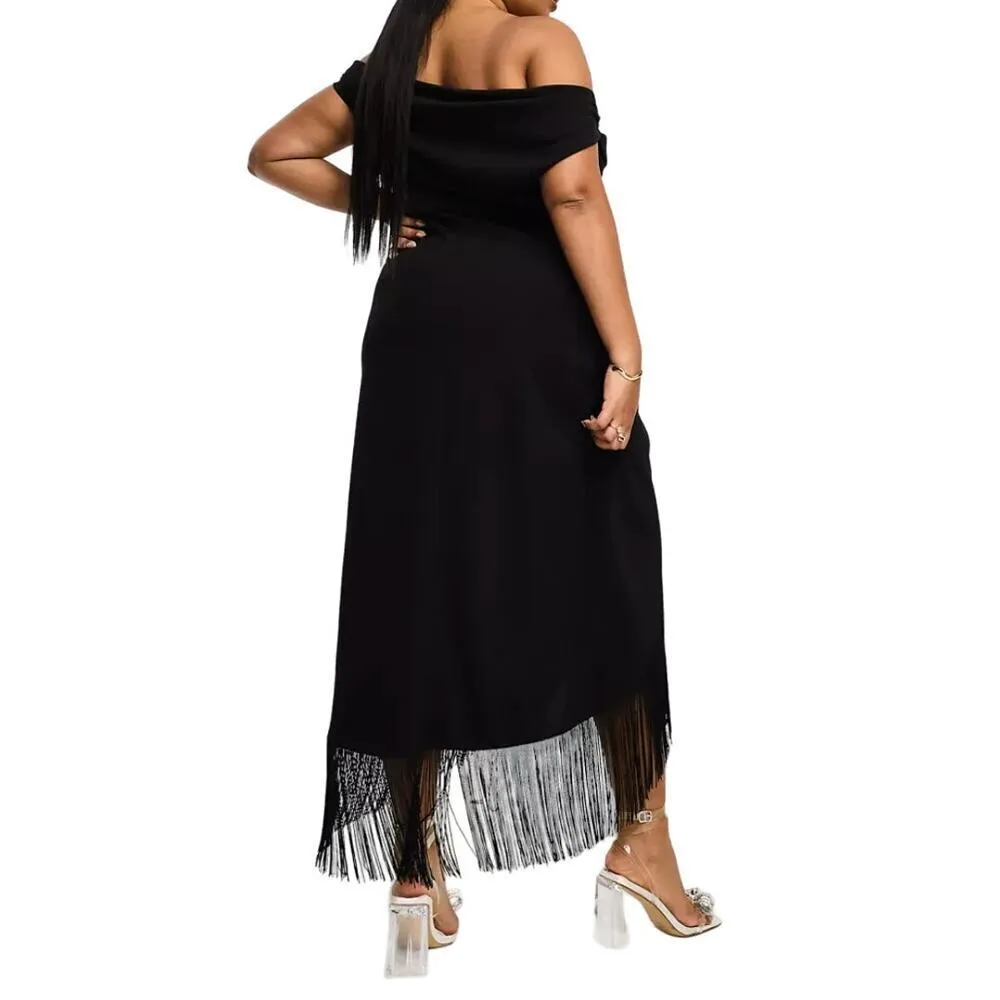 ASOS Design Curve Cowl Neck Midi Dress w Ruched Waist/Fringe in Black, Size 20‌ - Image 2