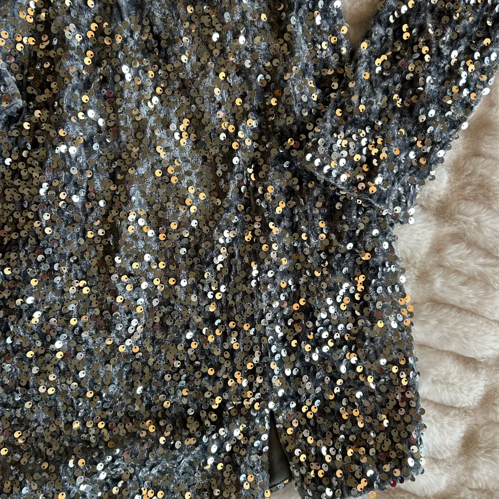 Selfie Leslie Silver Sequin Long Sleeve Mini Dress NWT - Image 2