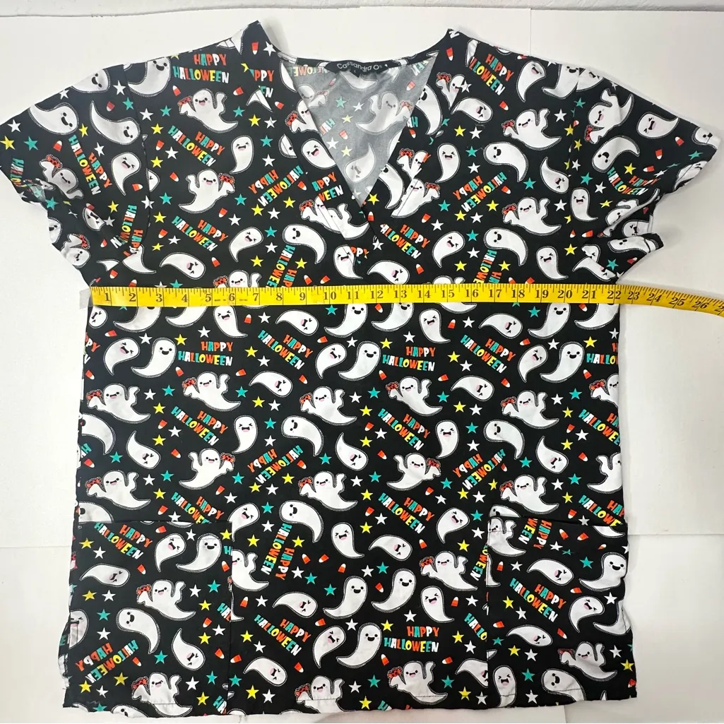 Halloween Cartoon Scrub Top By Cassandra‎ O Women Size L Ghosts Stars Candy Corn Black Size L - Image 4
