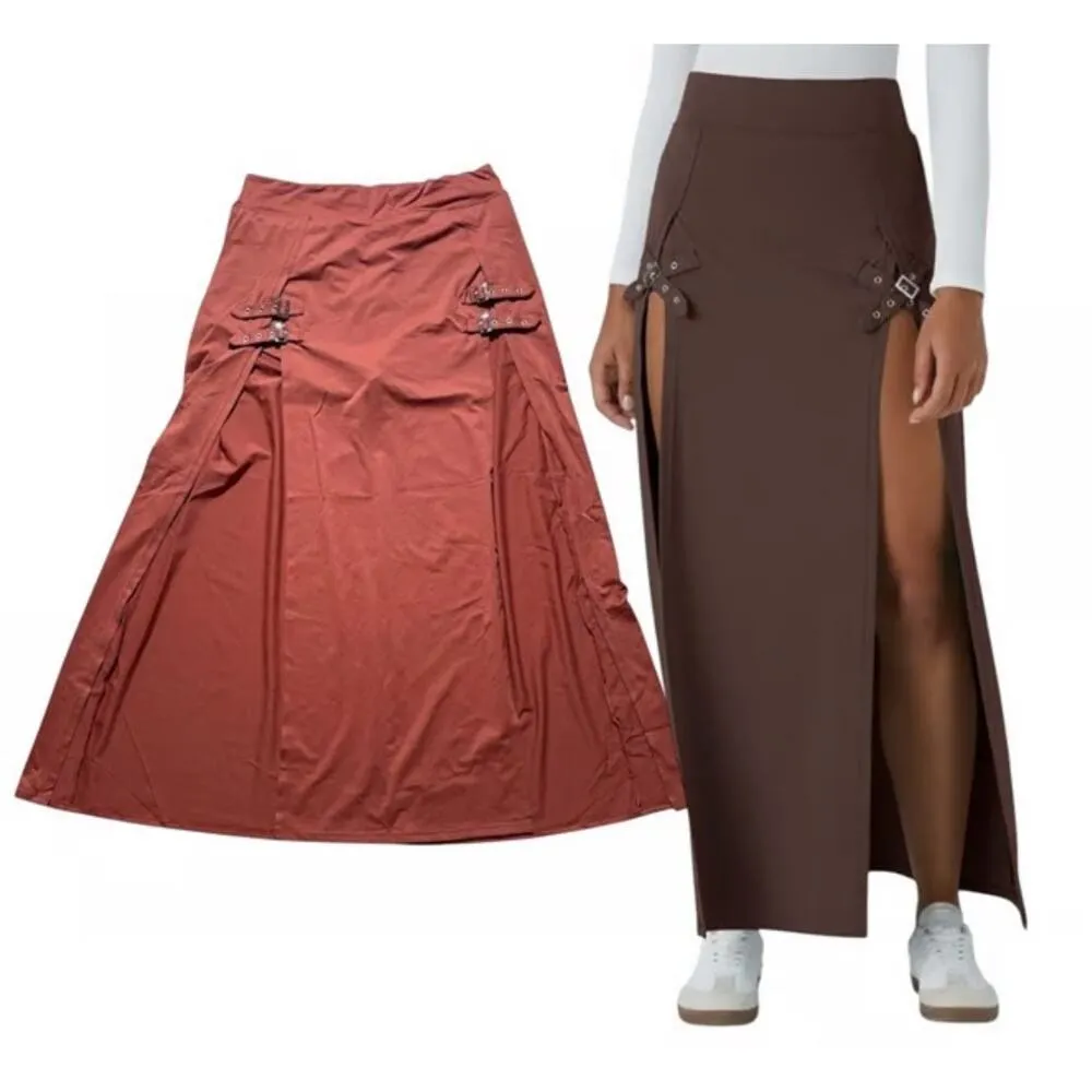 NWT Halara High Waisted Decorative Buckle Split 2-in-1 Maxi‎ Casual Skirt Orange - Image 2