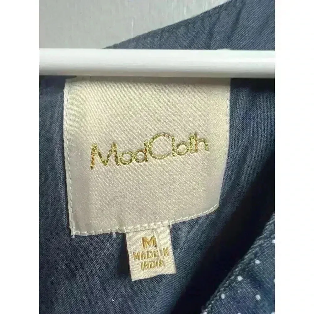 Modcloth Blue Chambray White Polka Dots Dress Sleeveless Peekaboo Cutout Medium - Image 2