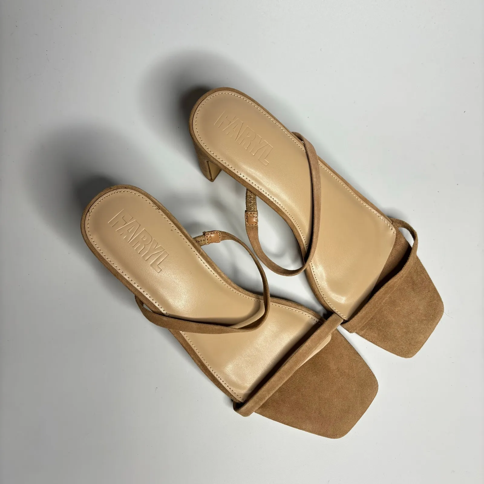 FARYL by Farylrobin Analisa Suede Heeled Sandals in Natural Tan Size 9 - Image 6