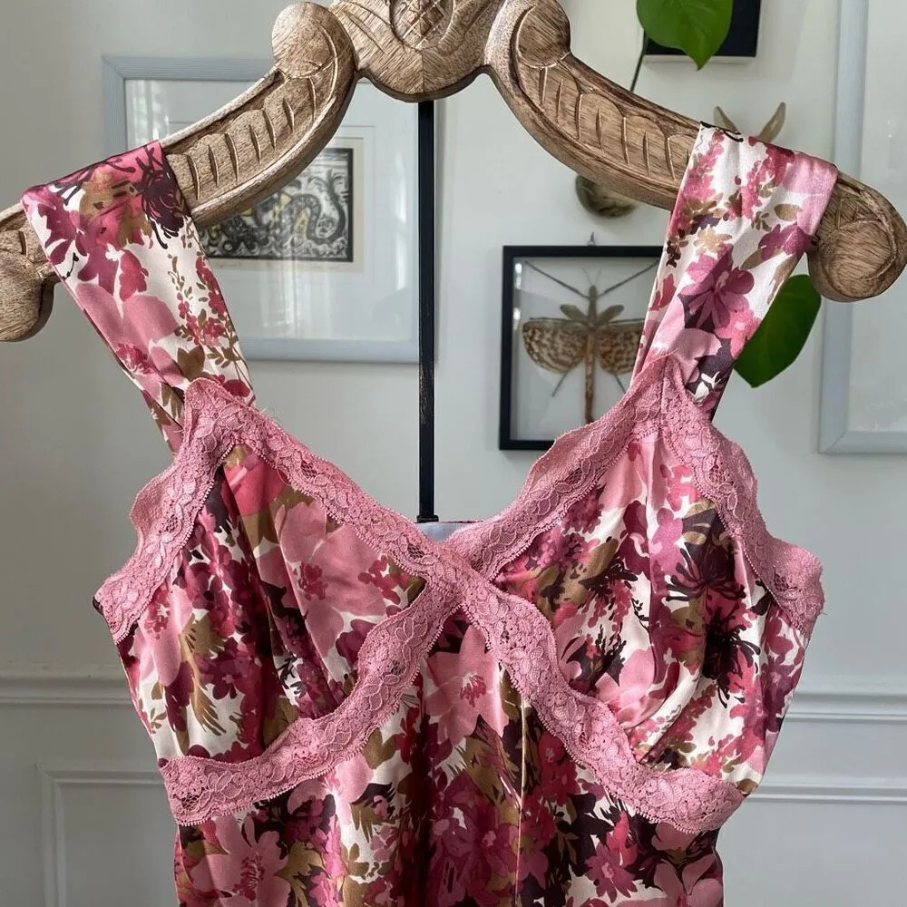 Vintage Y2K Floral Satin Camo Tank Lace Trim Mauve Pink Burgundy M Size M - Image 3