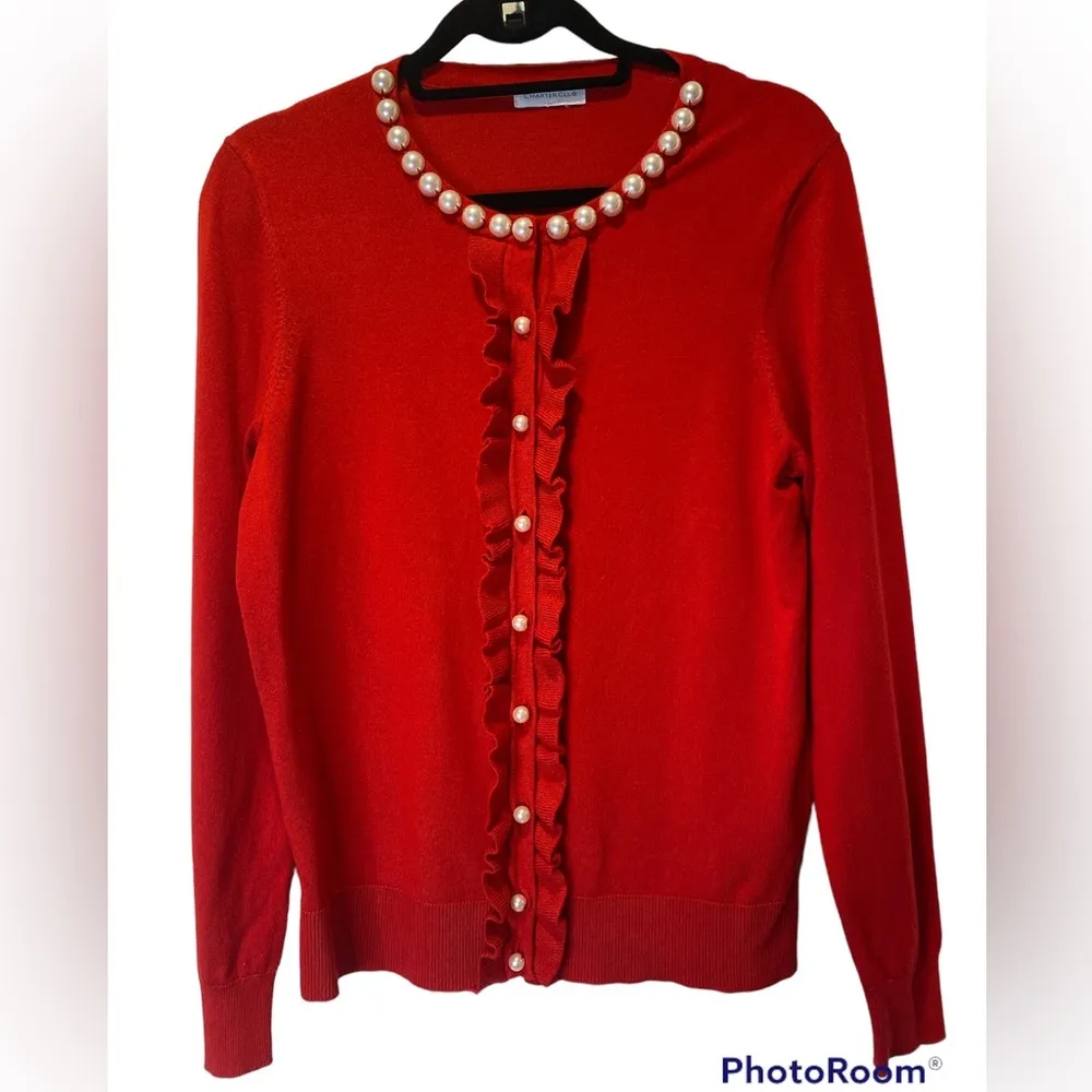 Charter Club Womens Size L Ruffled-Front Cardigan Faux Pearl Buttons - Image 2