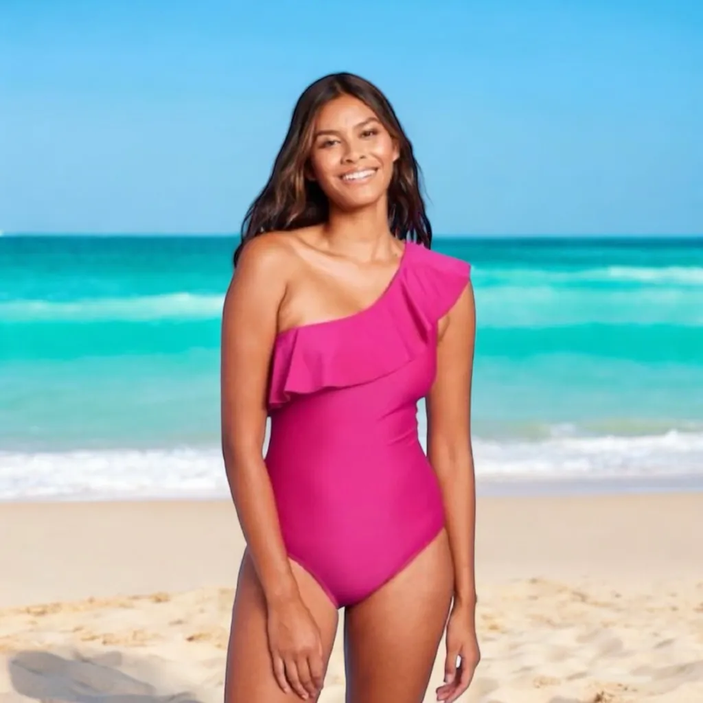 Women’s Ruffle‎ One Shoulder Coverage One Piece Pink Swimsuit
Size L (12-14 - Image 2