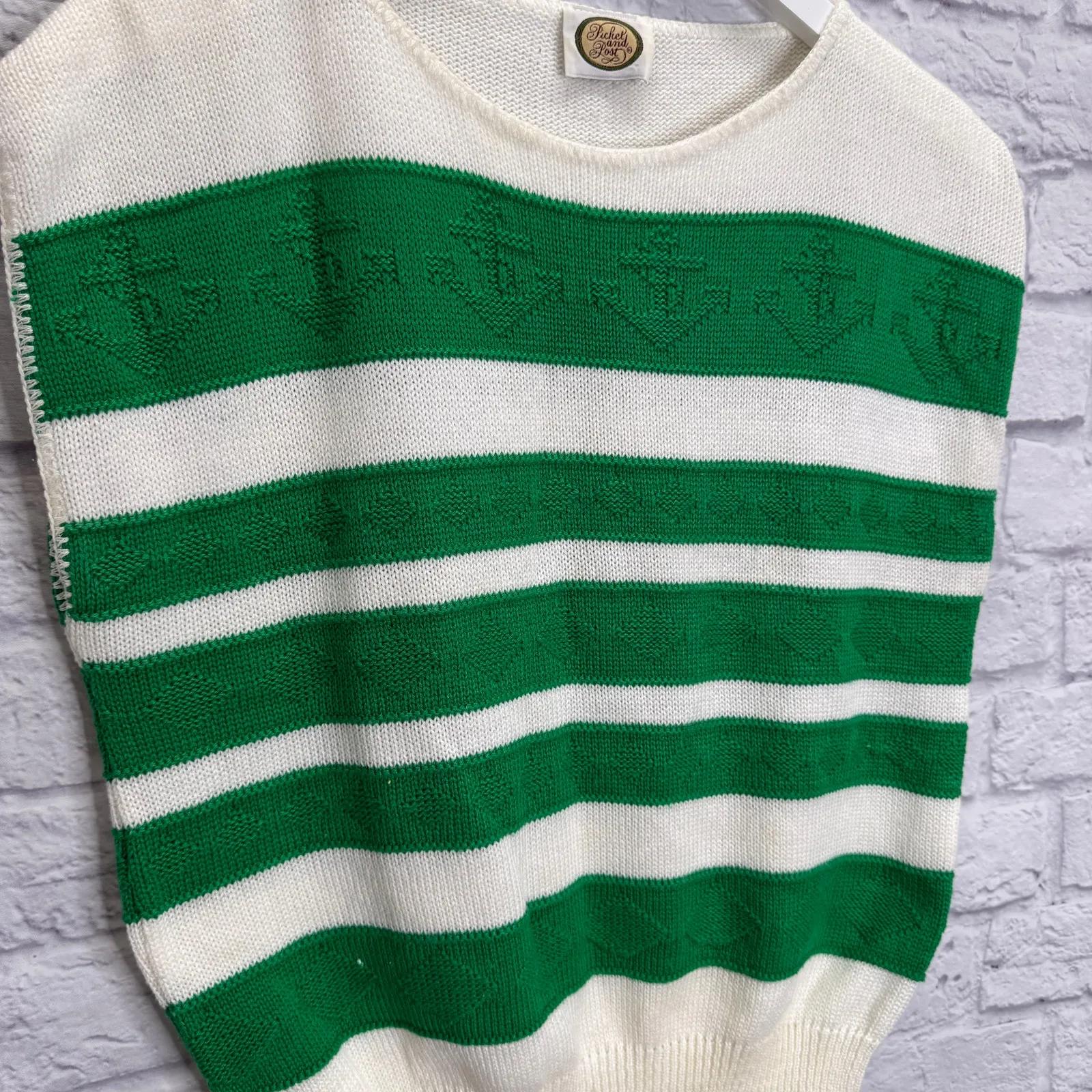 Vintage Picket and Post Striped Cap Sleeve Sweater Size M White Green Anchors Size M - Image 2