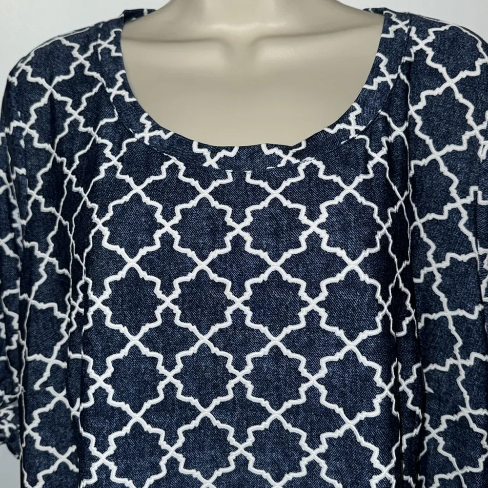 Tacera Navy & White Shift Dress Moroccan Trellis Print w Striped Hem Women’s 2X - Image 2