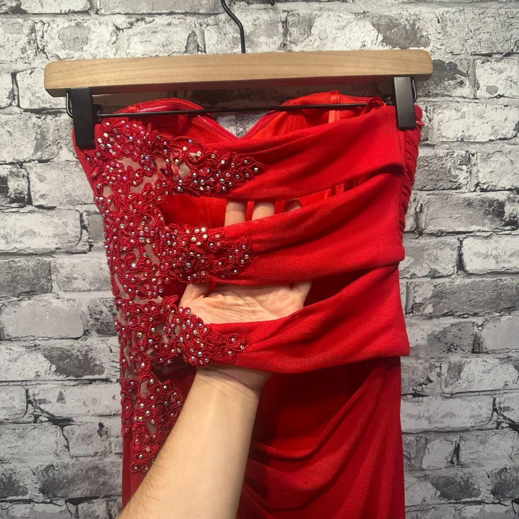 EUC Xscape Strapless Beaded Cut Out Back Prom Dress Size 0 (Red) STYLE# XS6876 - Image 10