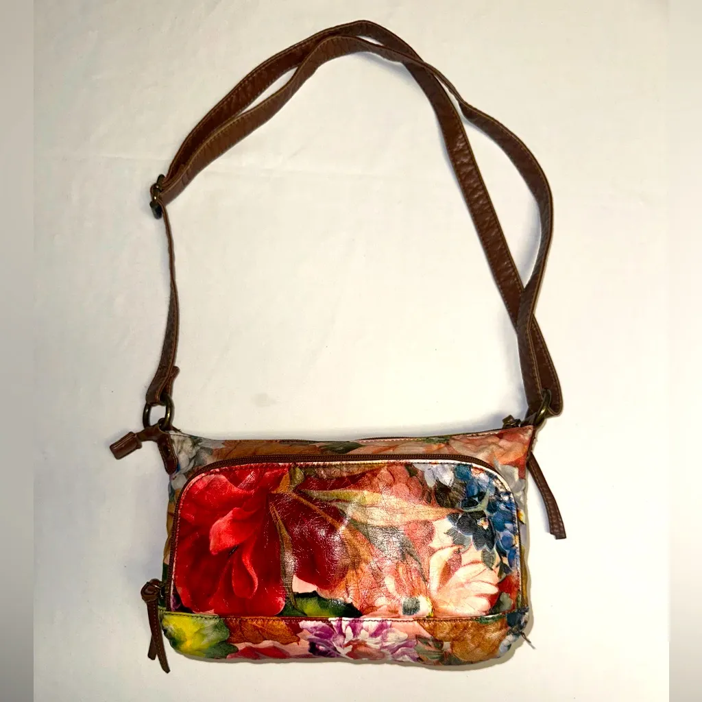 St. Johns Bay • Vintage Soft Faux Leather Floral Brown Purse Adjustable Strap - Image 2