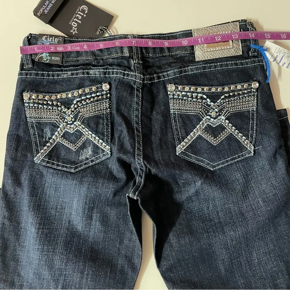 Vintage Cielo Y2K Dark Wash Blue Bejeweled Pocket Low Rise Skinny Jeans Sz 5 NWT - Image 5