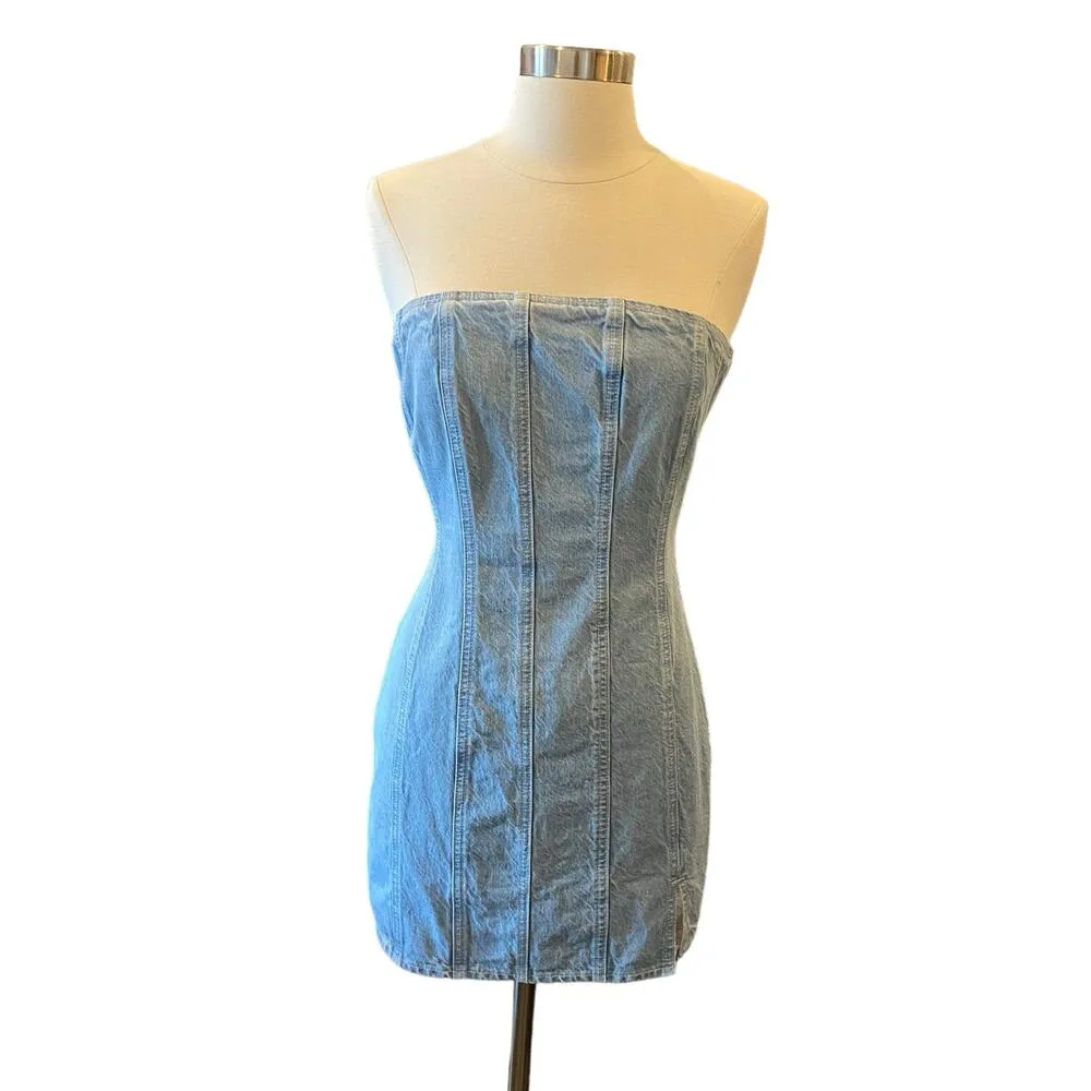 Asos Strapless Denim Mini Dress With Slit Hem - Image 2
