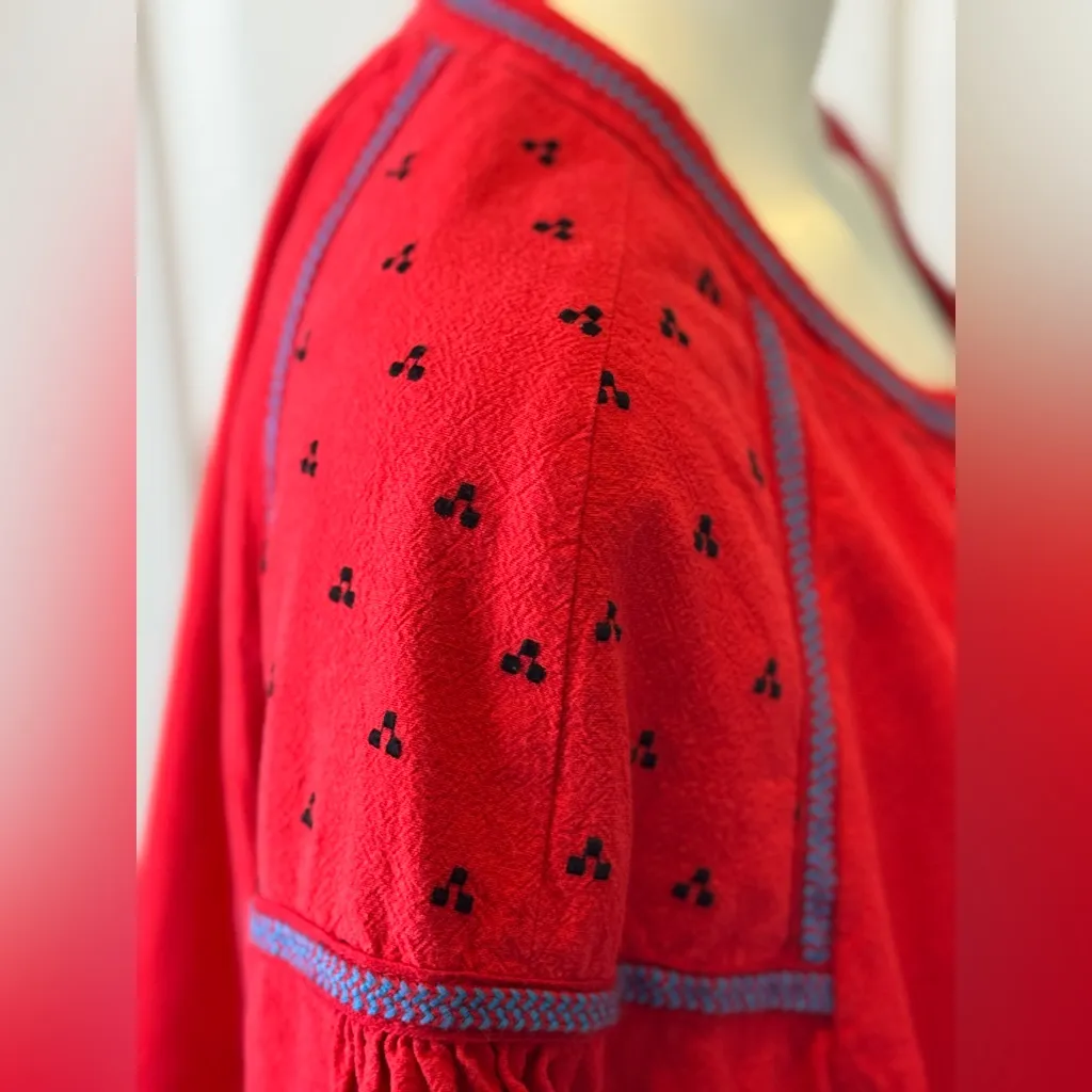 Free People Linen/Cotton Blend Vibrant Red Bohemian Jacket Blue Floral Accents L - Image 6