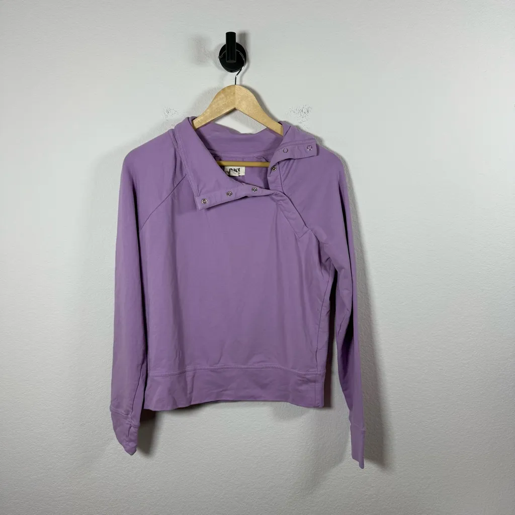 Pact Women’s Asymmetric Snap Collar Pullover Sweatshirt Purple M - Image 2