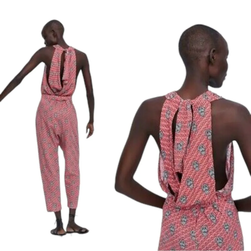 Zara Floral Print Relaxed Elastic Waistline Jumpsuit in Red/Blue - Image 3