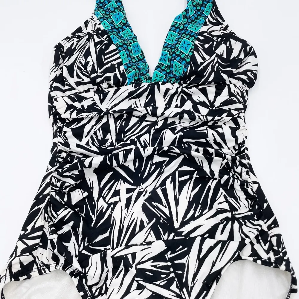 Coastal Blue Flowering Fern Black White Tummy Control One Piece Swimsuit Size XS - Image 6