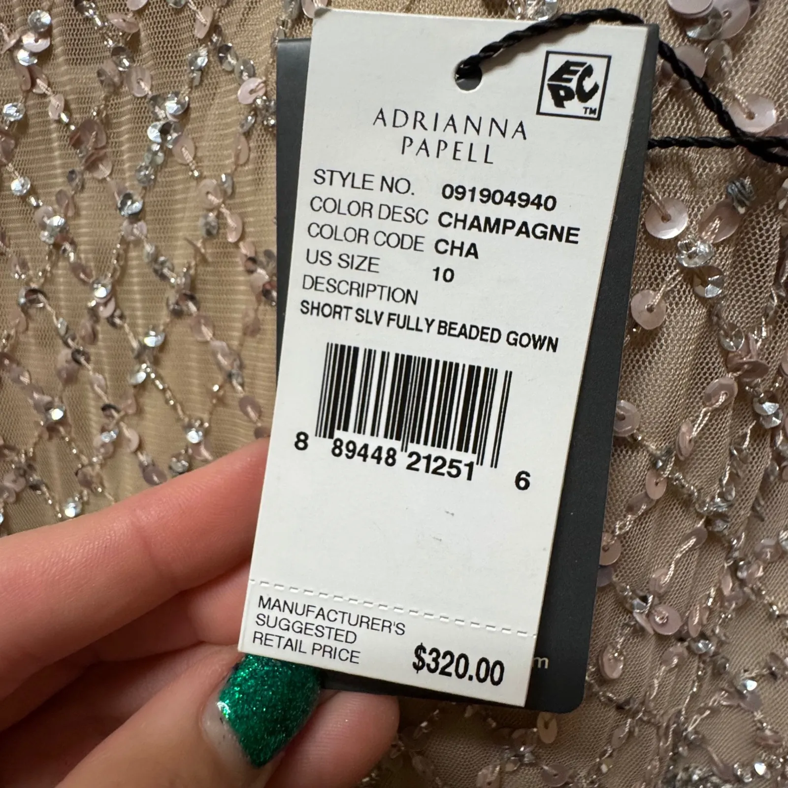 NWT Adrianna Papell Champagne Beaded Mermaid Gown Short Sleeve 10 - Image 9