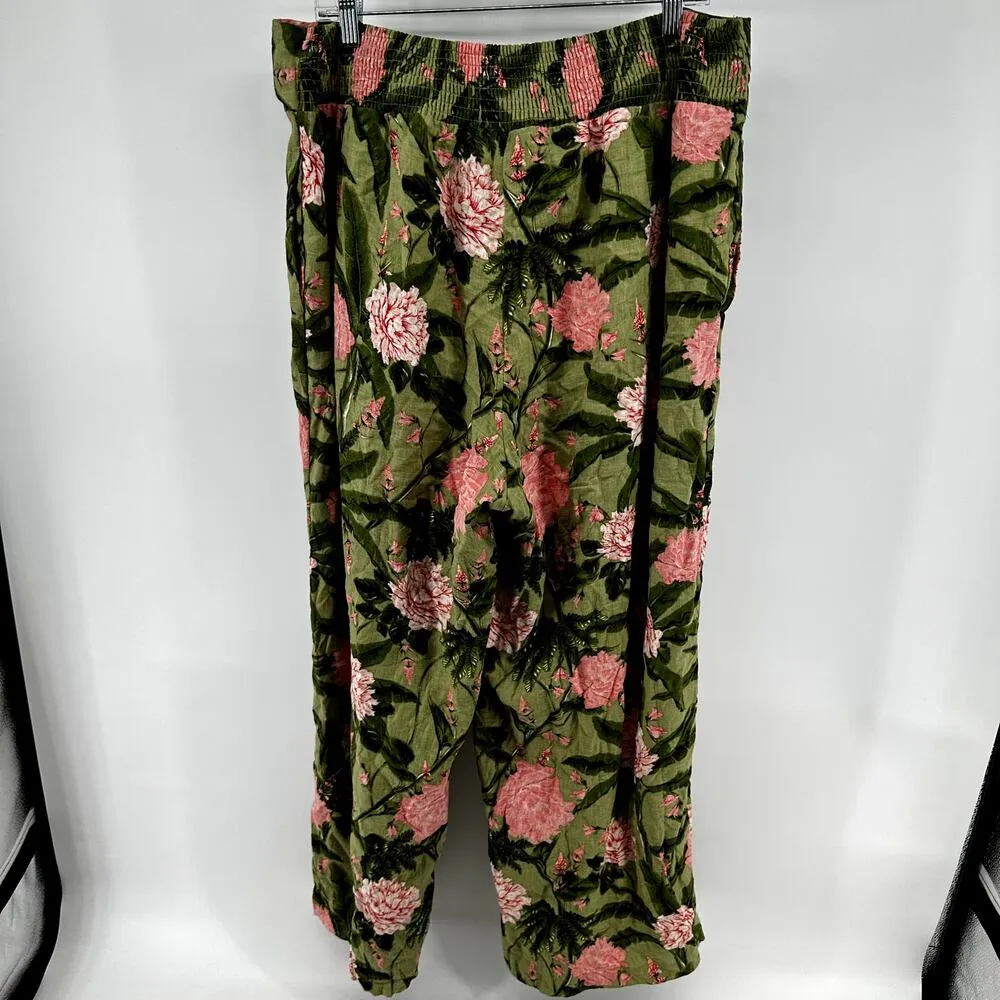 Agua Bendita X Target Wide Leg Pants Peony Floral Tie Waist Linen Green Pink XXL - Image 7
