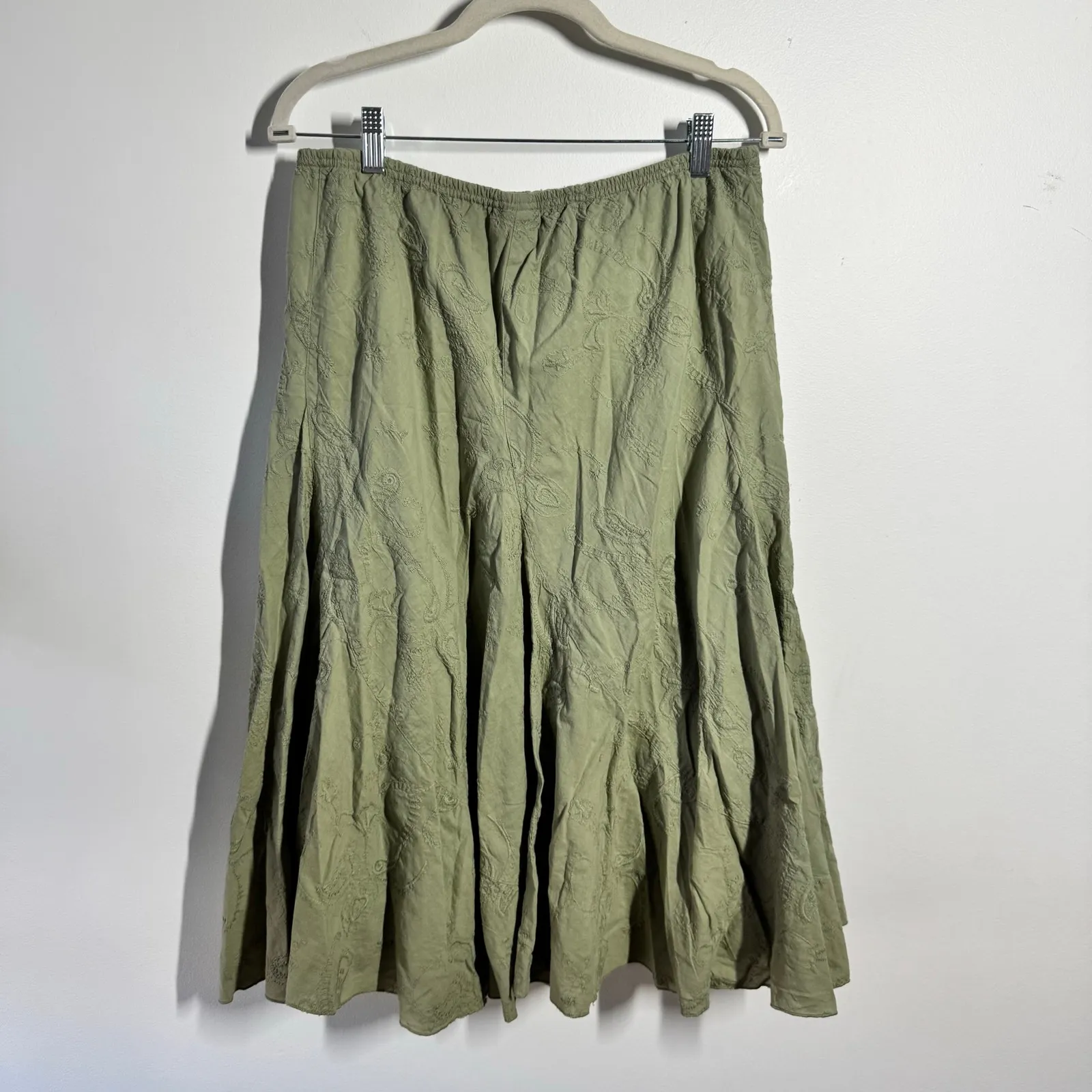 JKLA Bohemian Midi Skirt Women XL Sage Green Floral Embroidery 90s Y2K Cottage - Image 2