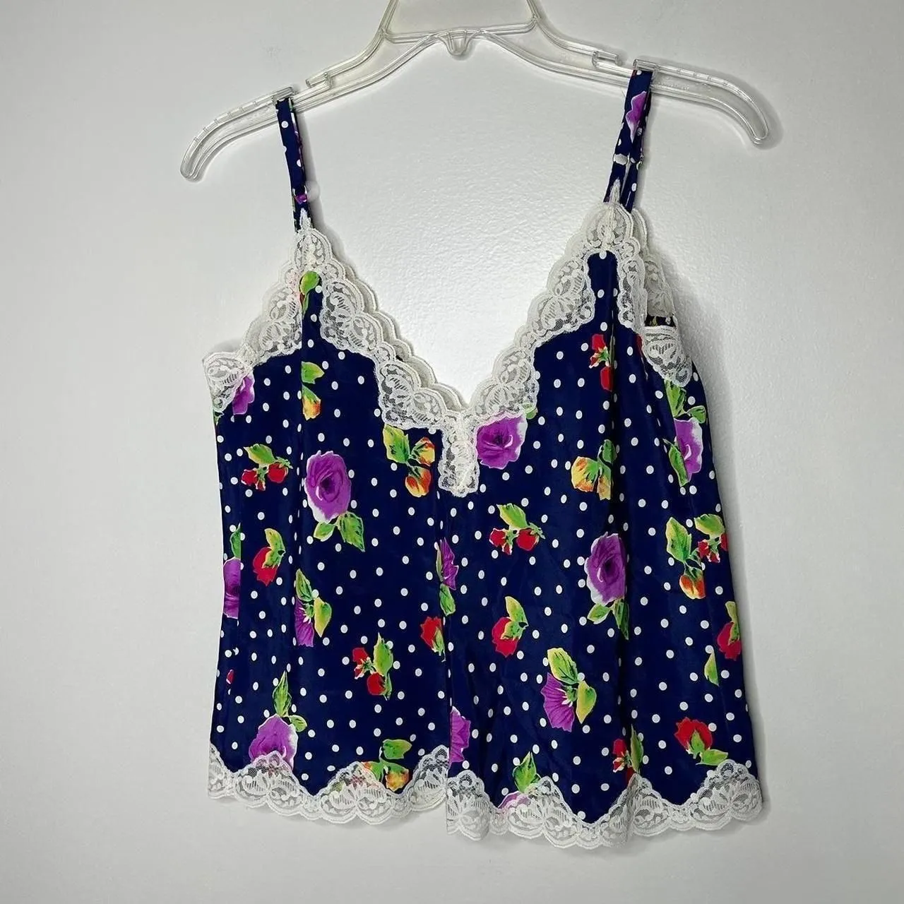 vintage Victoria’s Secret Gold label Navy blue floral polka dot lace cami top s - Image 6