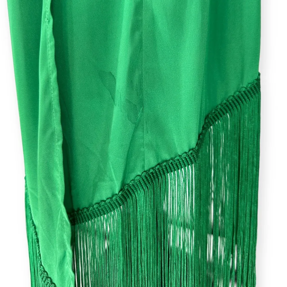 Showpo | Size 12 | Rholie Emerald Midi Plunge Neck Fringe Hem Fixed Wrap Dress - Image 11