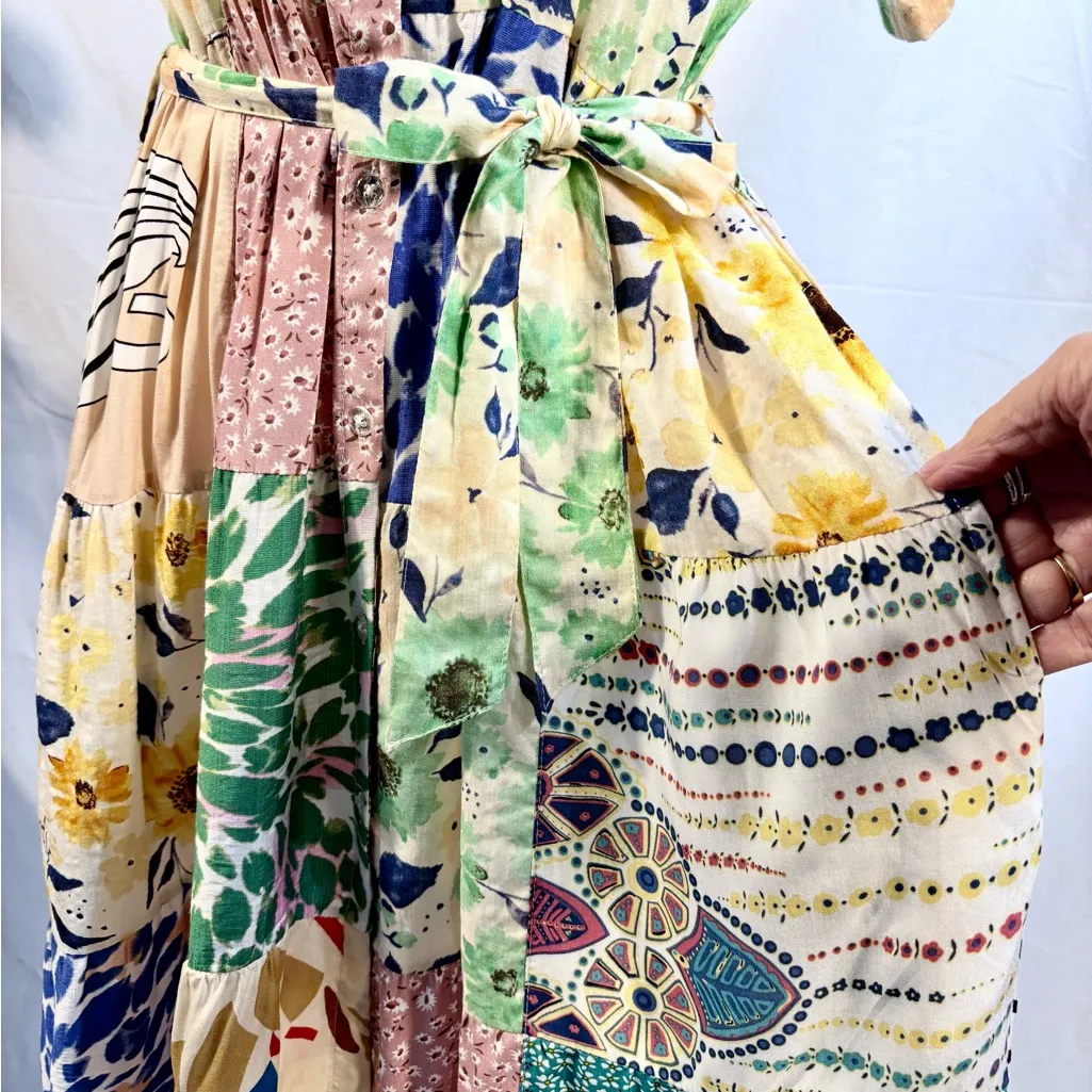 Yak & Yeti Patchwork Floral Button Front Midi Dress Size Medium🧡 Green - Image 4