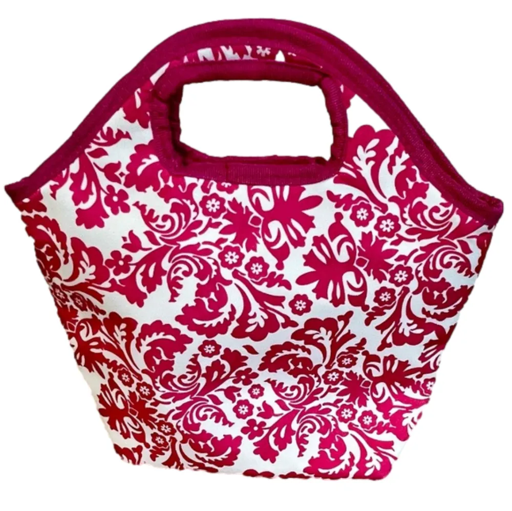 Hot Pink & White Damask Pattern Neoprene Lunch Tote - Image 2