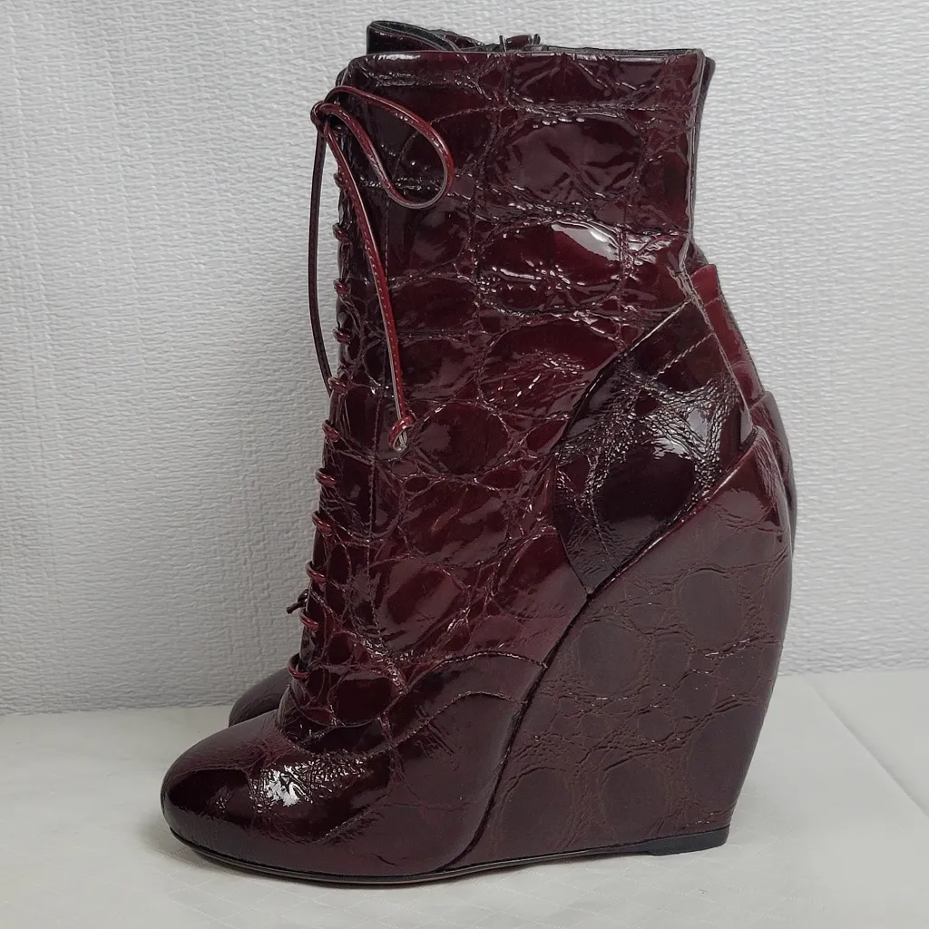Alaia Calzature Donna Croco Burgundy Patent Leather Ankle Wedge Boots Size 37.5 Red - Image 14