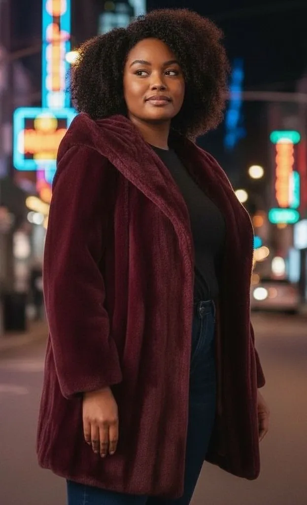 Faux Fur Plus Sz 1X Jacket Burgundy Hooded Whimsigoth Evening Formal Retro Vamp - Image 1