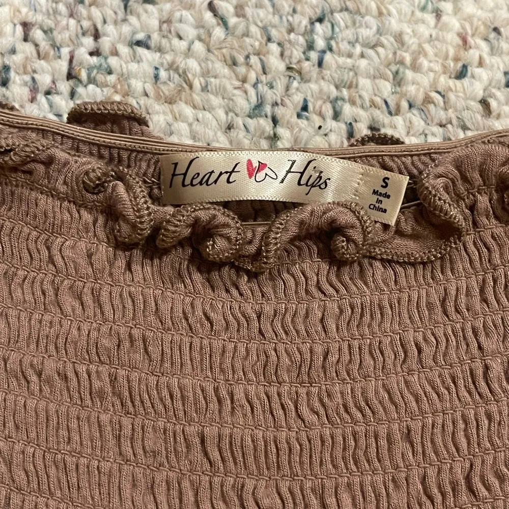 brown ribbed short sleeve cropped shirt S - Image 4