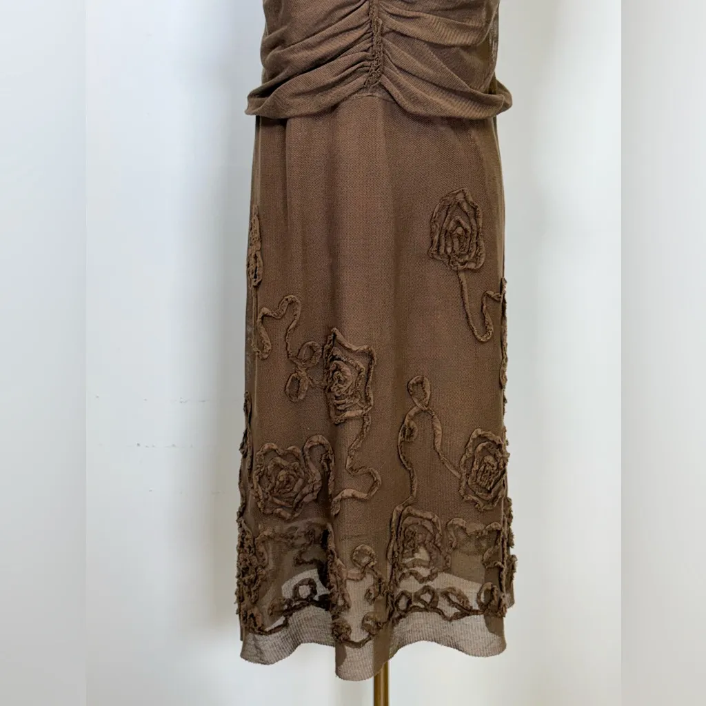 Max Studio Y2K Sleeveless Ruched Floral Appliqué Brown Midi Dress Women’s  XS - Image 4