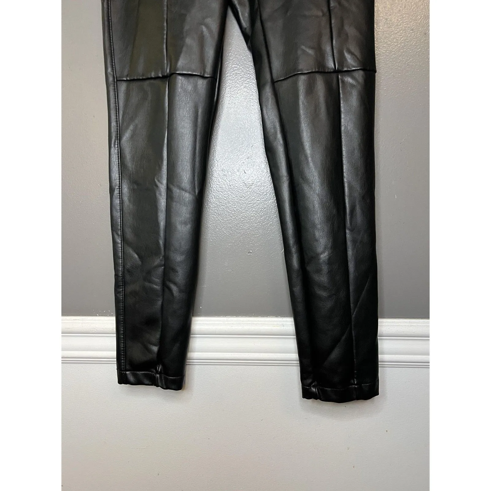 Bershka Faux Leather Leggings Womens Large Black High Rise Stretch Ankle Pants - Image 3