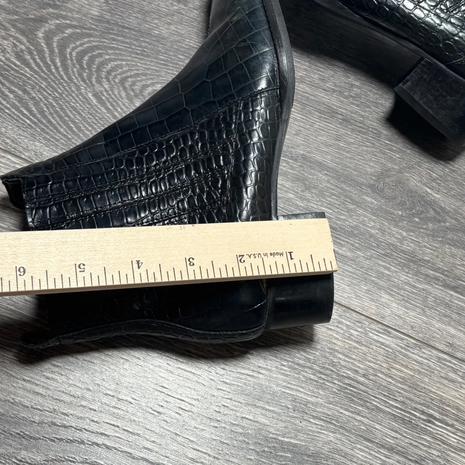 Trotters Black Croc Embossed Booties Square Toe Side Zip Block Heel Size 5M - Image 12