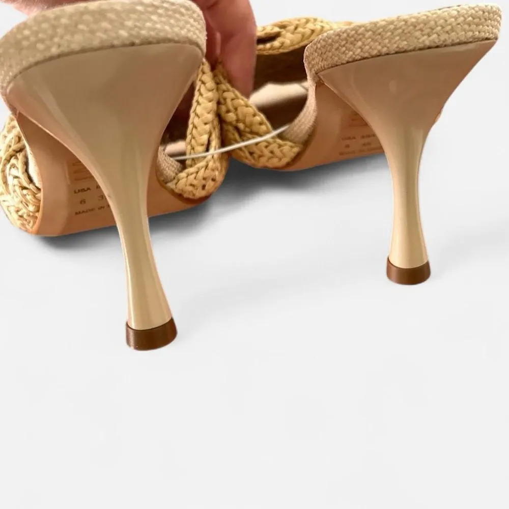 Axel tan nude straw woven square toe heeled slip on sandals sz 6 women - Image 7