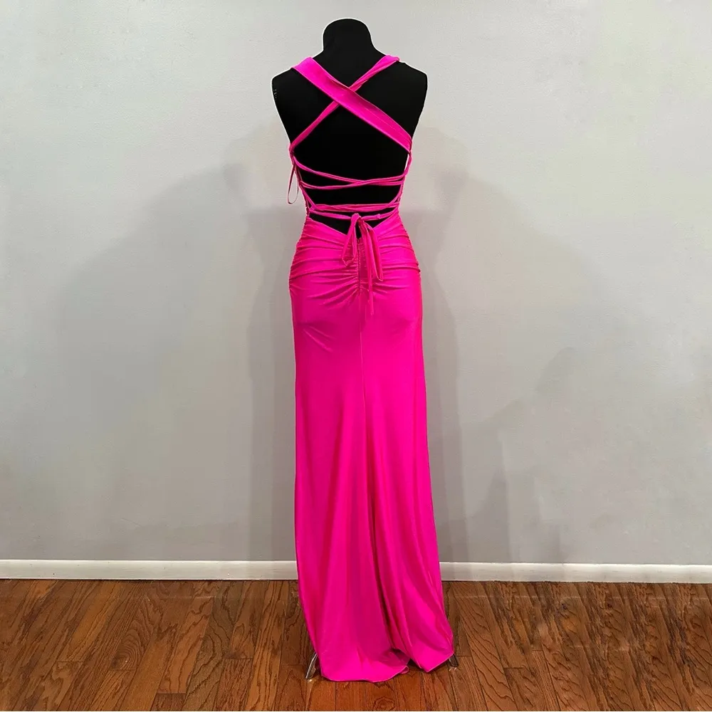 La Femme 28506 Off the Shoulder Ruched Gown Long Dress Hot Pink 4 - Image 5
