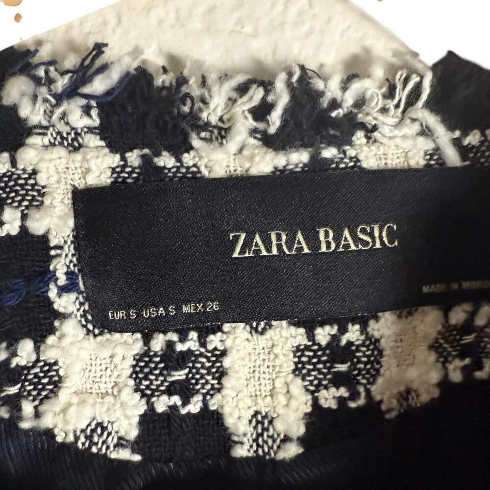 Zara Black White Tweed Checkered Gingham Fringe Blazer Jacket Size Small - Image 6