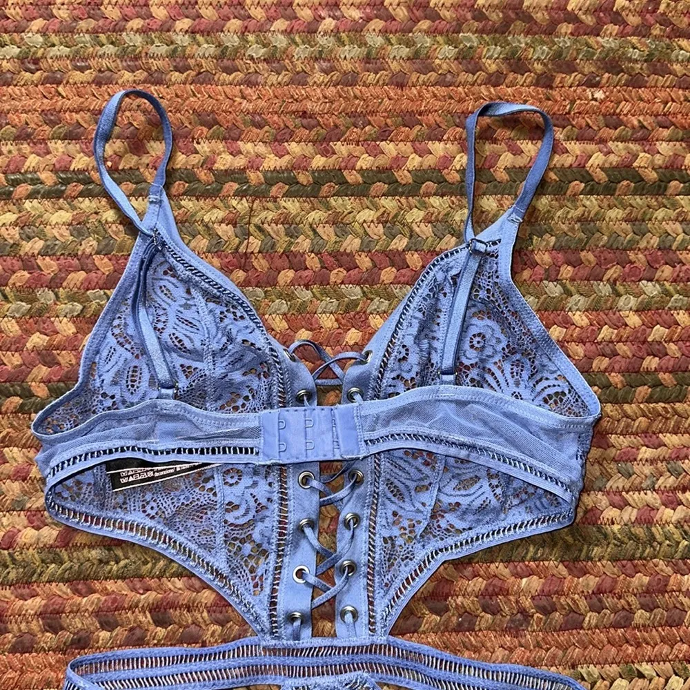 VICTORIAS SECRET BLUE SEXY STRAPPY SHEER LACE BODYSUIT ONE PIECE - Image 4
